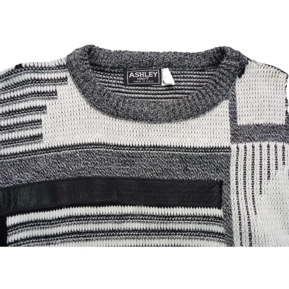 VTG Ashley Knit Sweater Men L Gray Black Abstract Geometric Leather Trim USA 90s